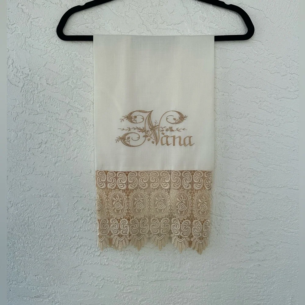 Nana Linen Hand Towel Embroidered Lace Cottage Chic 36” X 17 1/2 Handmade